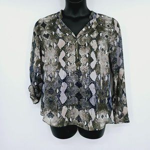 ANA A New Approach Popover Blouse L Blue Green Snake Print Semi Sheer Tab Sleeve
